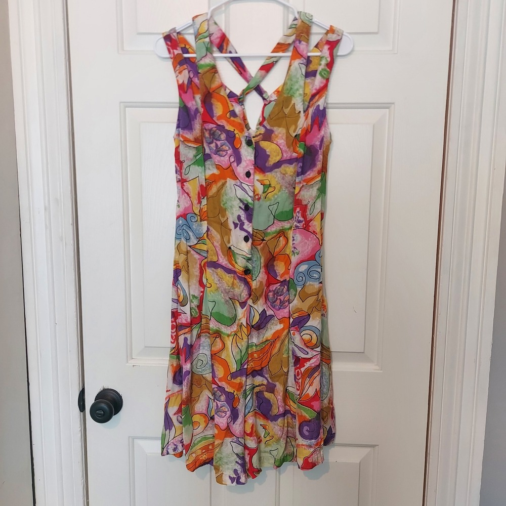 Vintage Just Class Abstract Floral Rayon Romper Multicolor Wide Leg Large